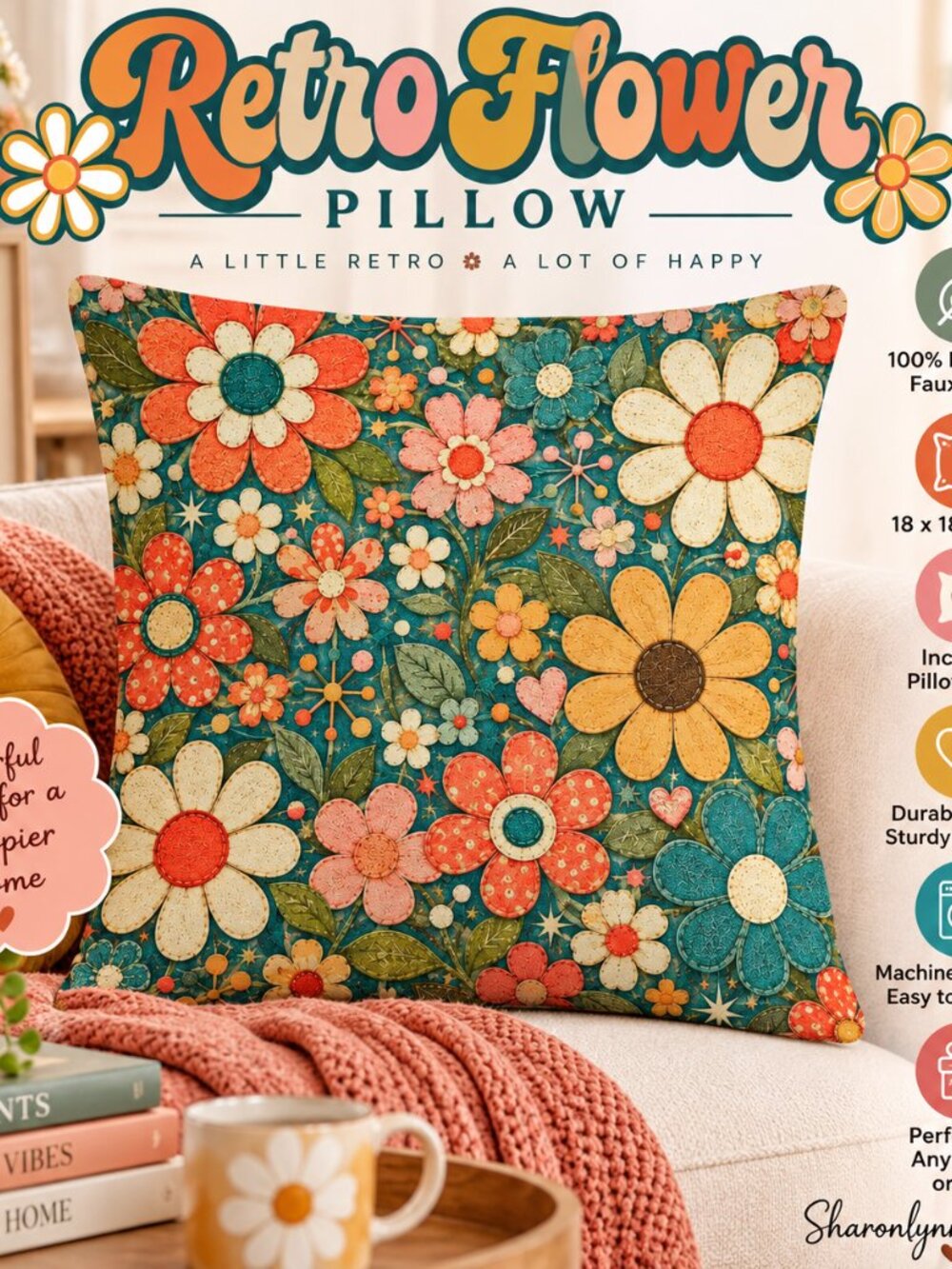 Retro Flower Pillow, 18x18 100% Polyester Faux Linen with Insert